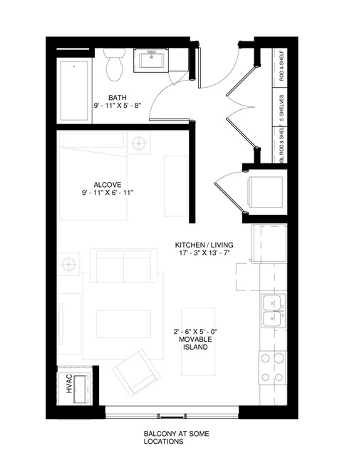 Floor plan for studio, 1 bath, 510 sqft